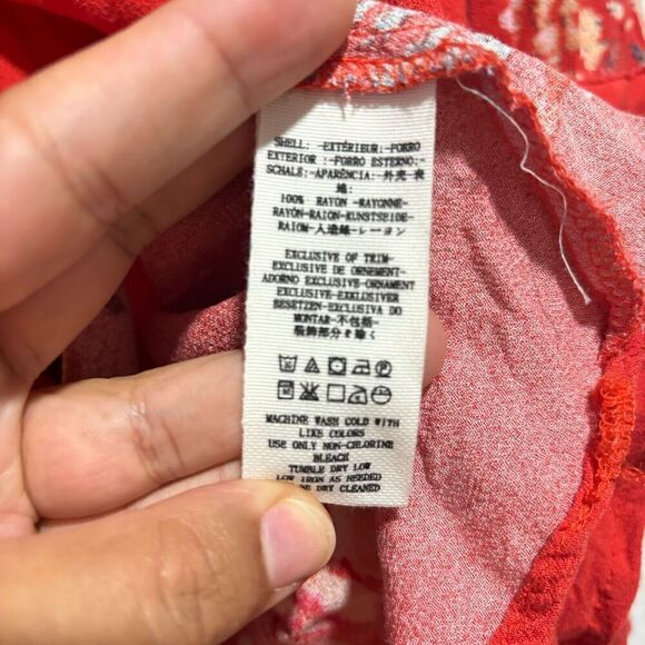 Free People Boho Blouse Tunic Top Small Floral Tomato Combo Hi-Low Long Sleeve - Picture 7 of 8